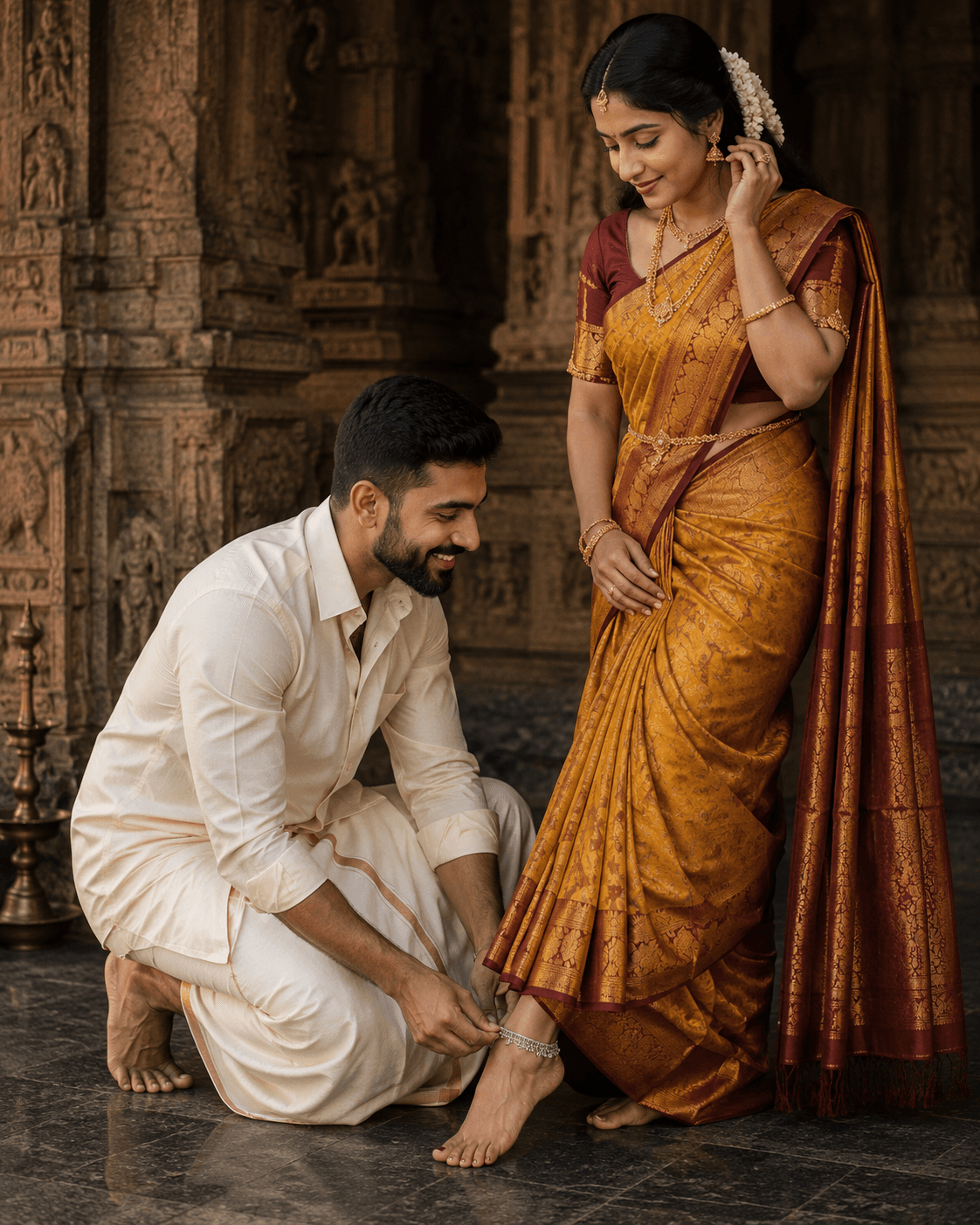 Cinematic South AsianTemple Romance Prompt | Traditional Saree Couple AI Photo Prompt