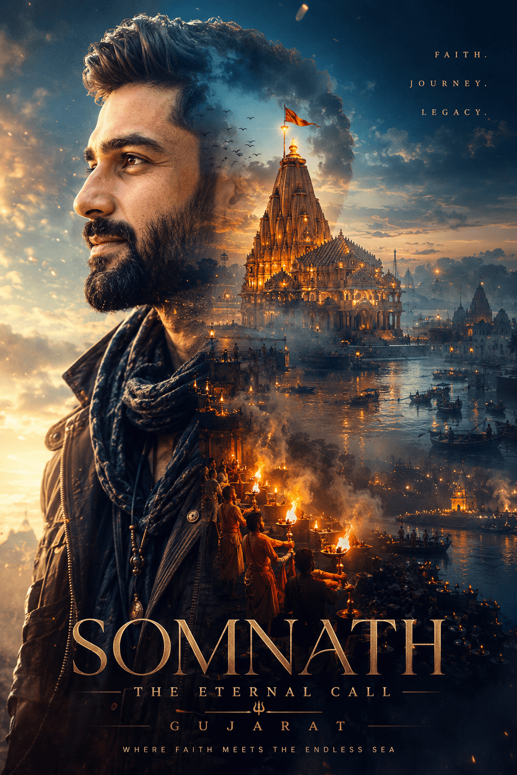Ultra Cinematic Double Exposure Spiritual Travel Poster Prompt | Somnath Temple AI Art