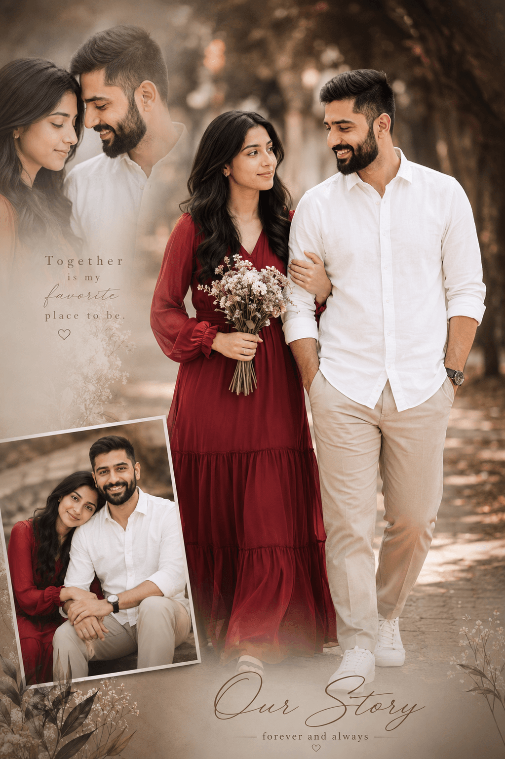 Romantic Pre-Wedding Couple Photoshoot Collage Prompt | Custom AI Wedding Poster Template