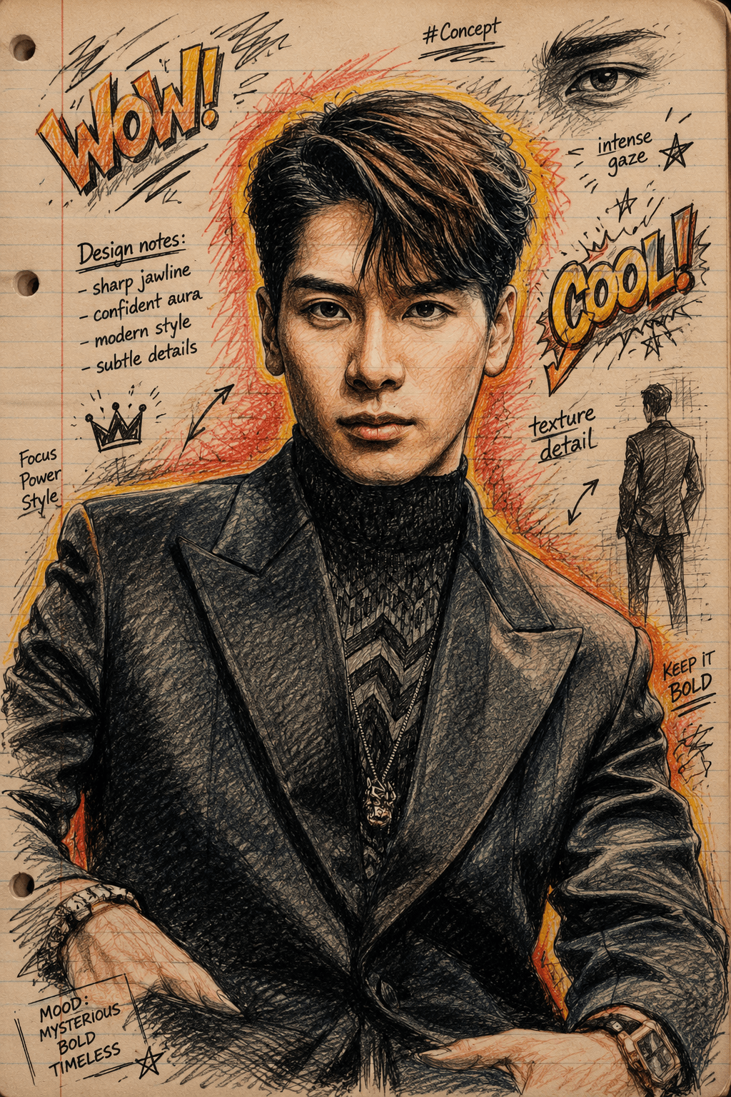 Hand Drawn Sketchbook Portrait AI Prompt | Colored Pencil Notebook Doodle Effect | Concept Art Character Illustration | ChatGPT & AI Image Generator Prompt