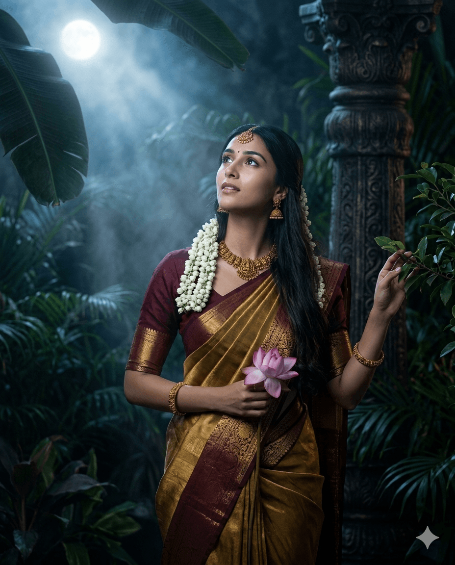 Mystical Vedic Goddess Aesthetic Prompt - Traditional Indian Temple Jewelry & Moonlight Garden 8K