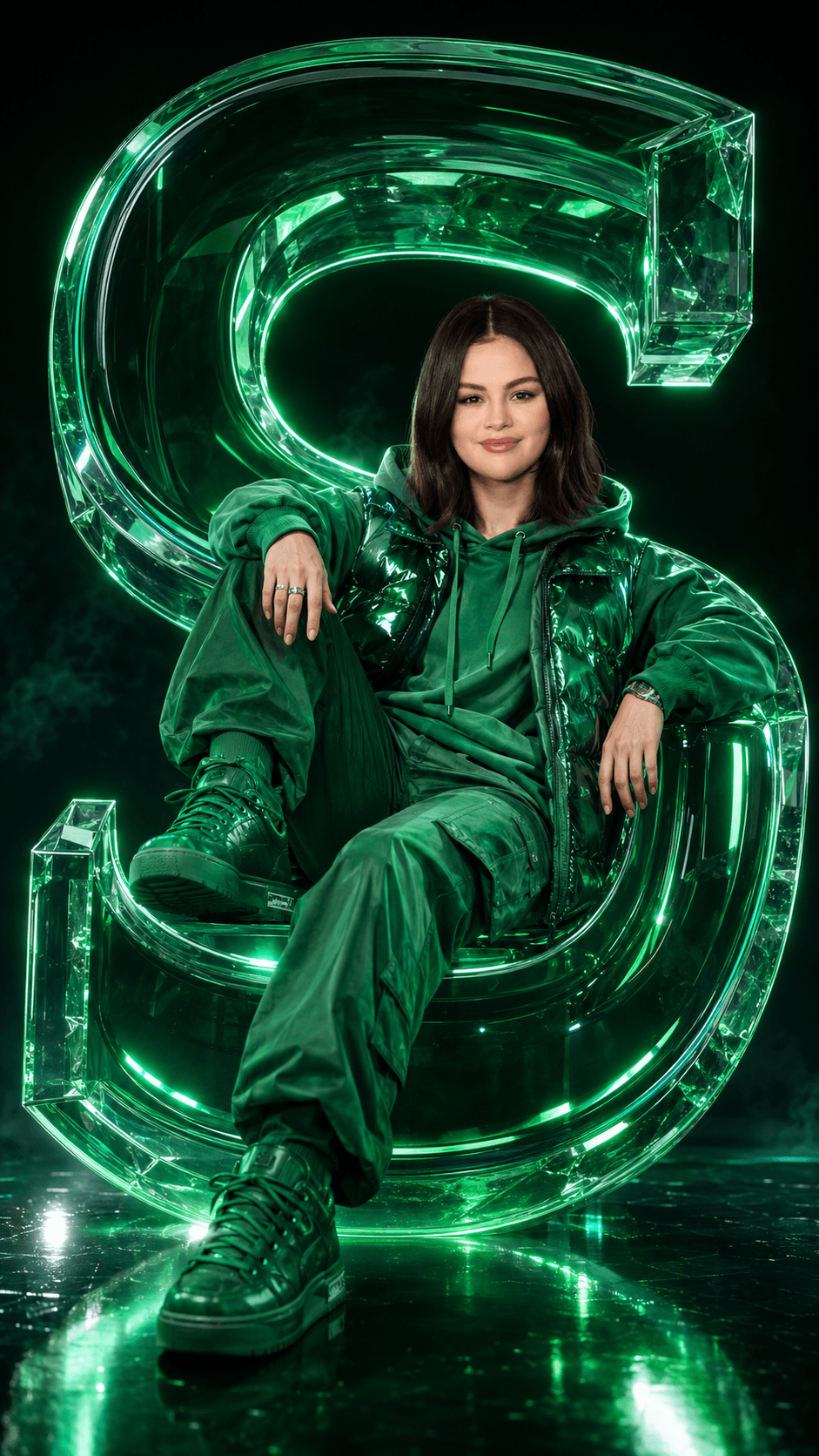 Ultra Realistic Glass Letter Portrait Prompt | Emerald Neon 3D Alphabet Studio AI Prompt | Luxury Fashion Editorial (Reference Photo Preserved)