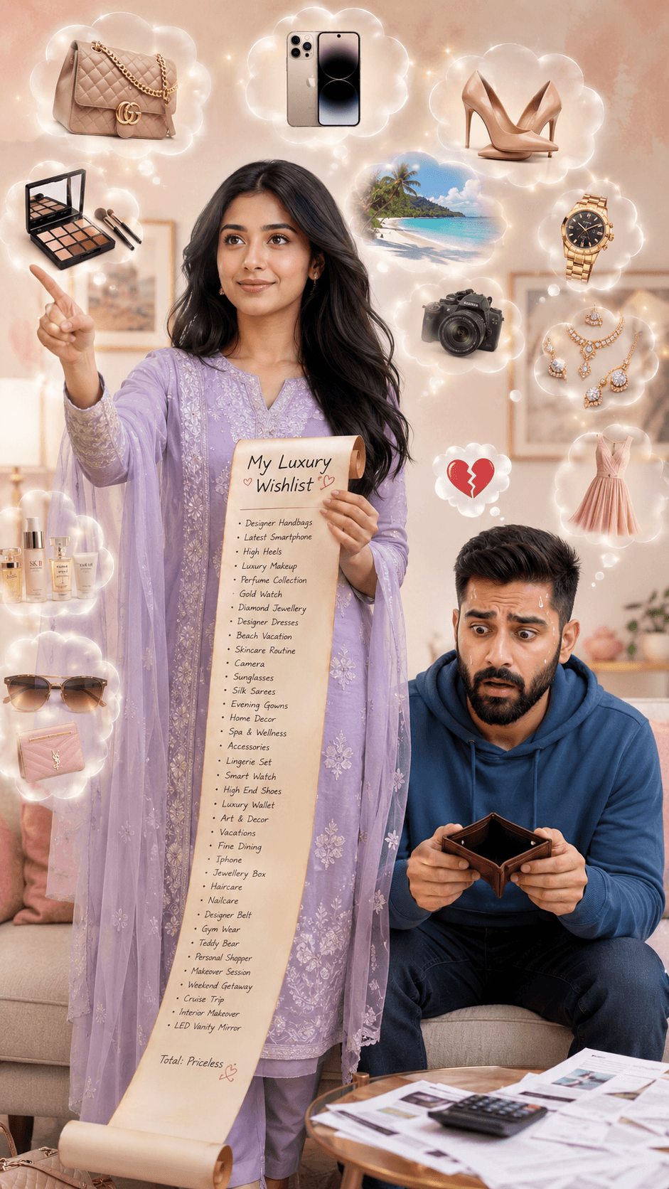 Ultra Realistic South Asian Couple Luxury Wishlist vs Financial Stress Prompt | 8K Cinematic Lifestyle Photography