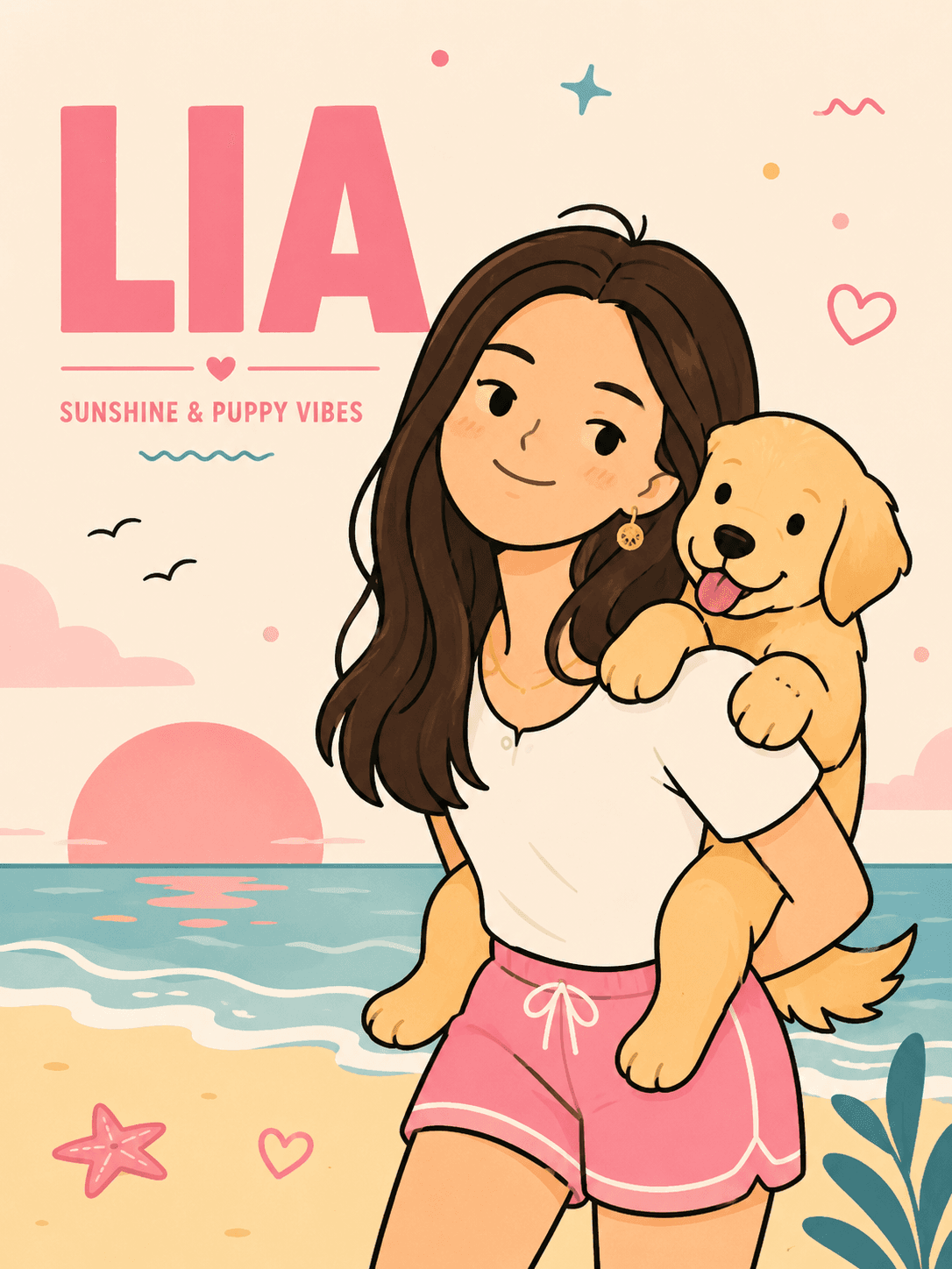 Cute Minimalist Flat Vector Poster Prompt | Personalized Beach Sunset Piggyback Puppy Illustration | AI Image Generation Prompt