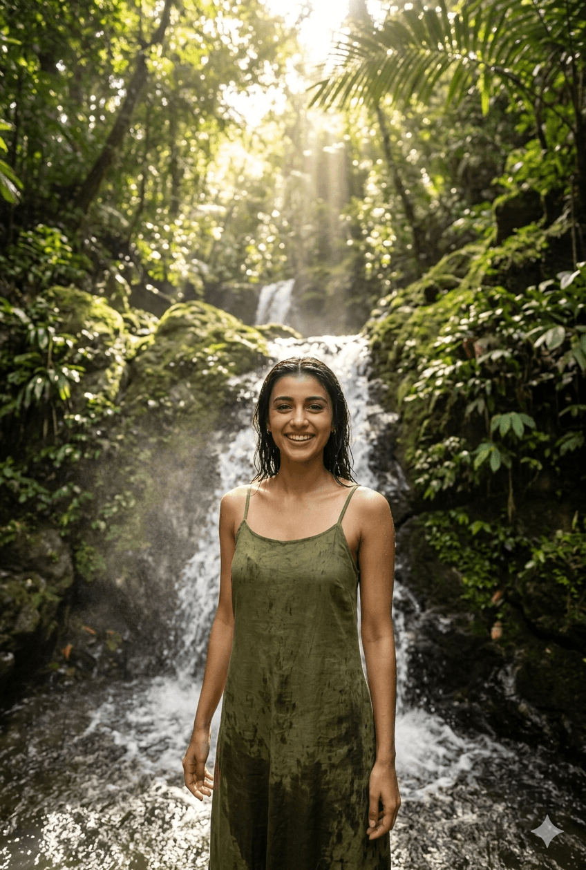 Midjourney Prompt: Ultra-Realistic Cinematic Woman at Tropical Waterfall