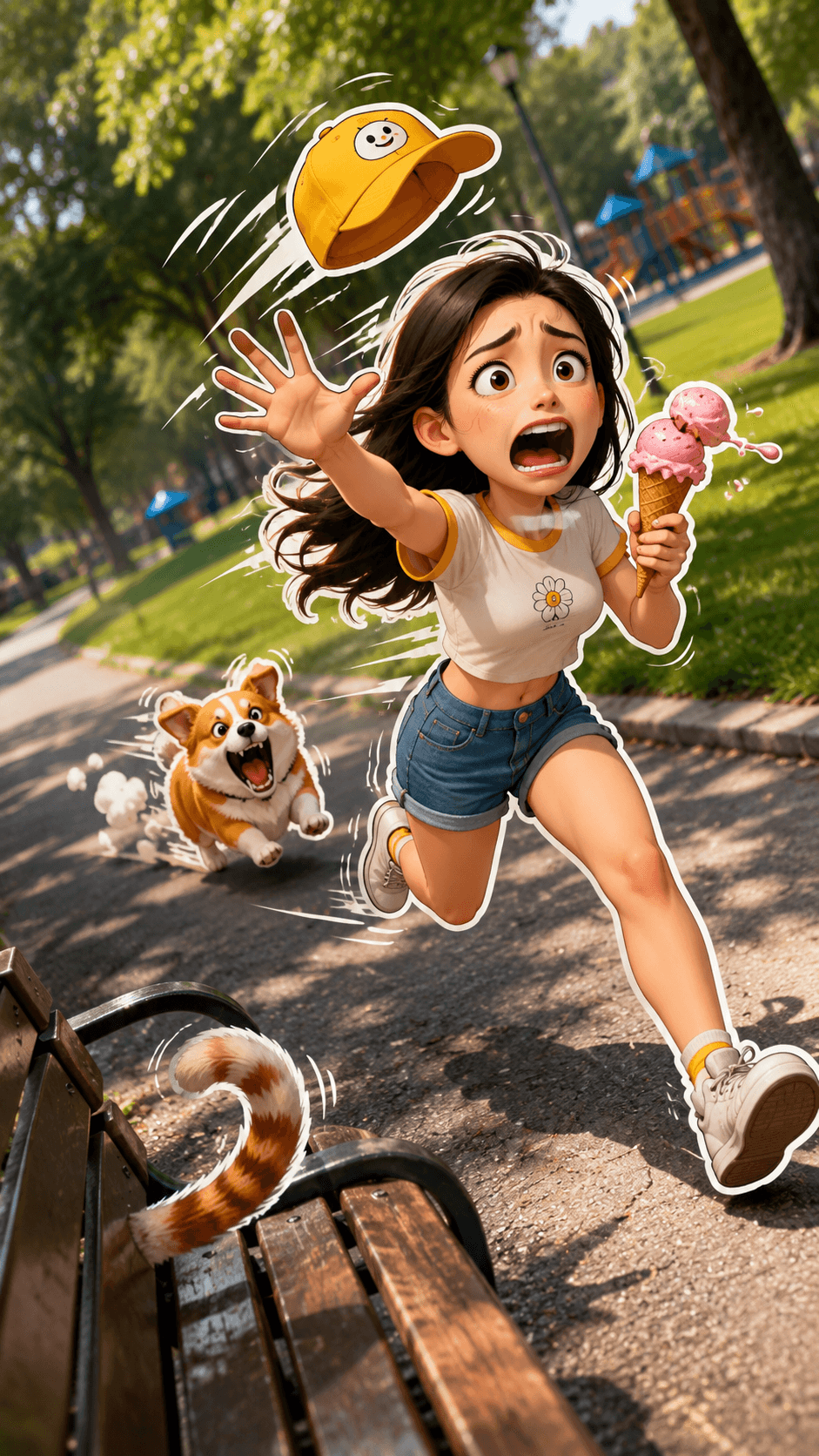 Funny 3D Sticker Character Running in Sunny Park AI Image Prompt | Cartoon Real Photo Blend | Flux, Midjourney, ChatGPT & SDXL