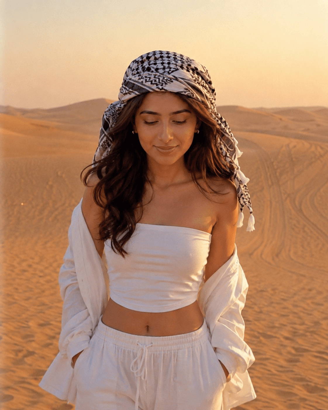 Hyper-Photorealistic Desert Portrait Prompt | CCD Sunset Fashion Photo AI Prompt with Glass Skin Beauty