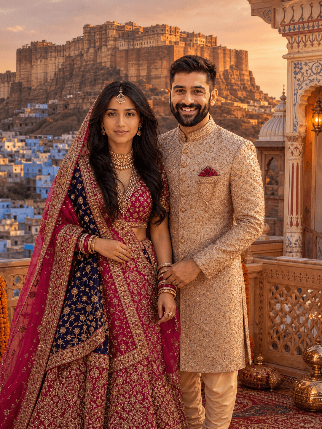 Majestic Jodhpur Wedding AI Photo Prompt – Royal Rajasthani Bride & Groom, Mehrangarh Fort Background