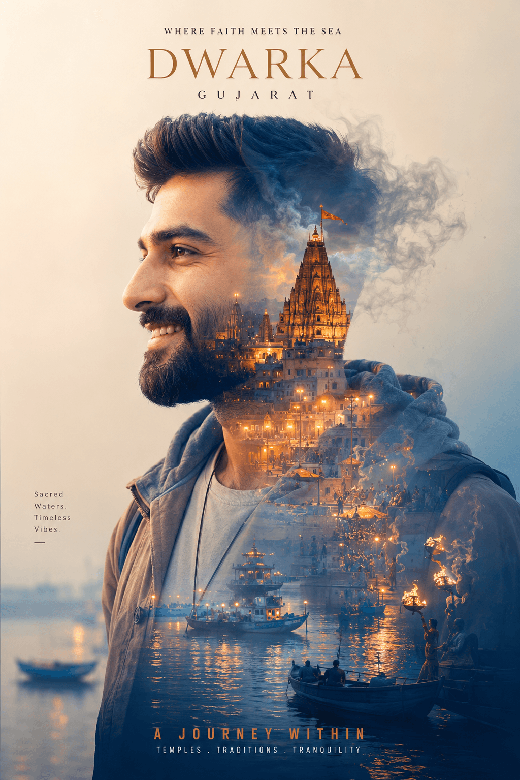 Dwarka Temple Double Exposure Travel Poster Prompt | Cinematic Spiritual AI Art