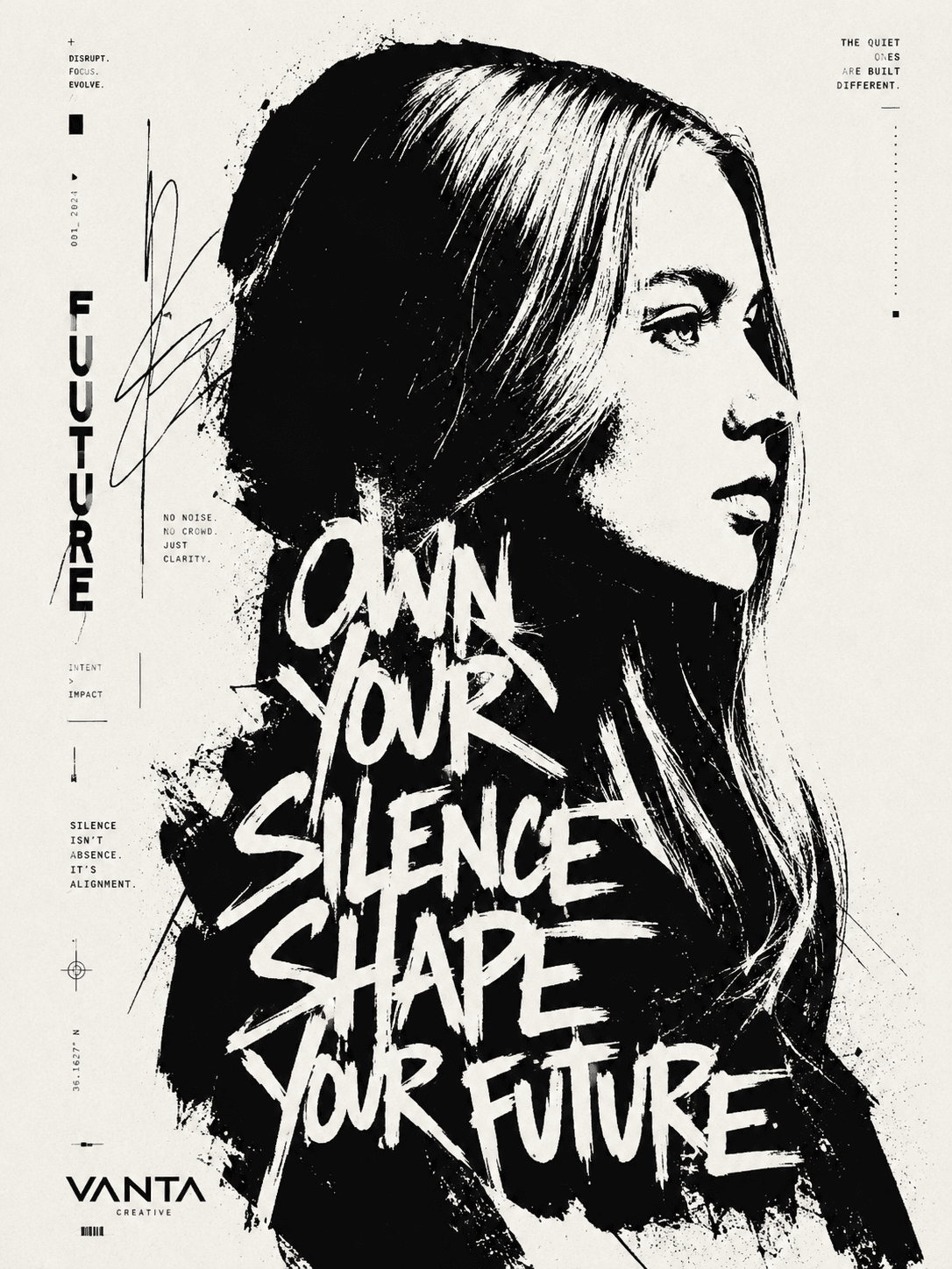 High Contrast Black & White Typographic Portrait Poster Prompt | Editorial Stencil Ink Design | AI Image Generation Prompt