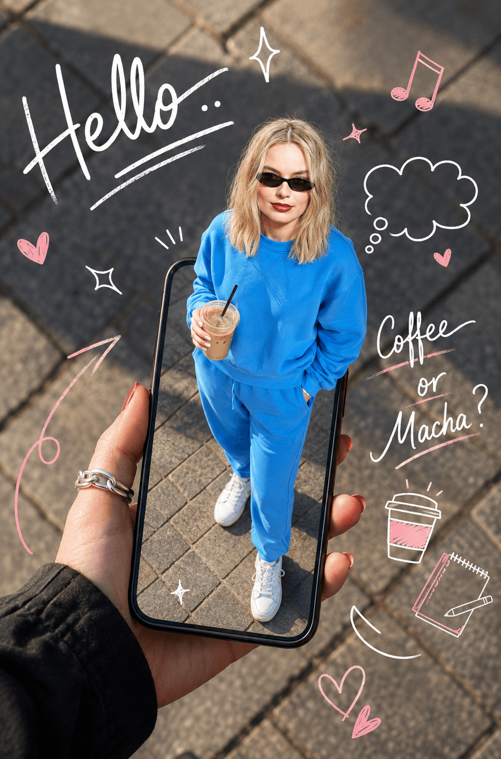 AI Photo Prompt: Smartphone Portal Effect Instagram Story Ad with Doodles, Pinterest Aesthetic, Face Reference, Lifestyle Fashion Creator Prompt