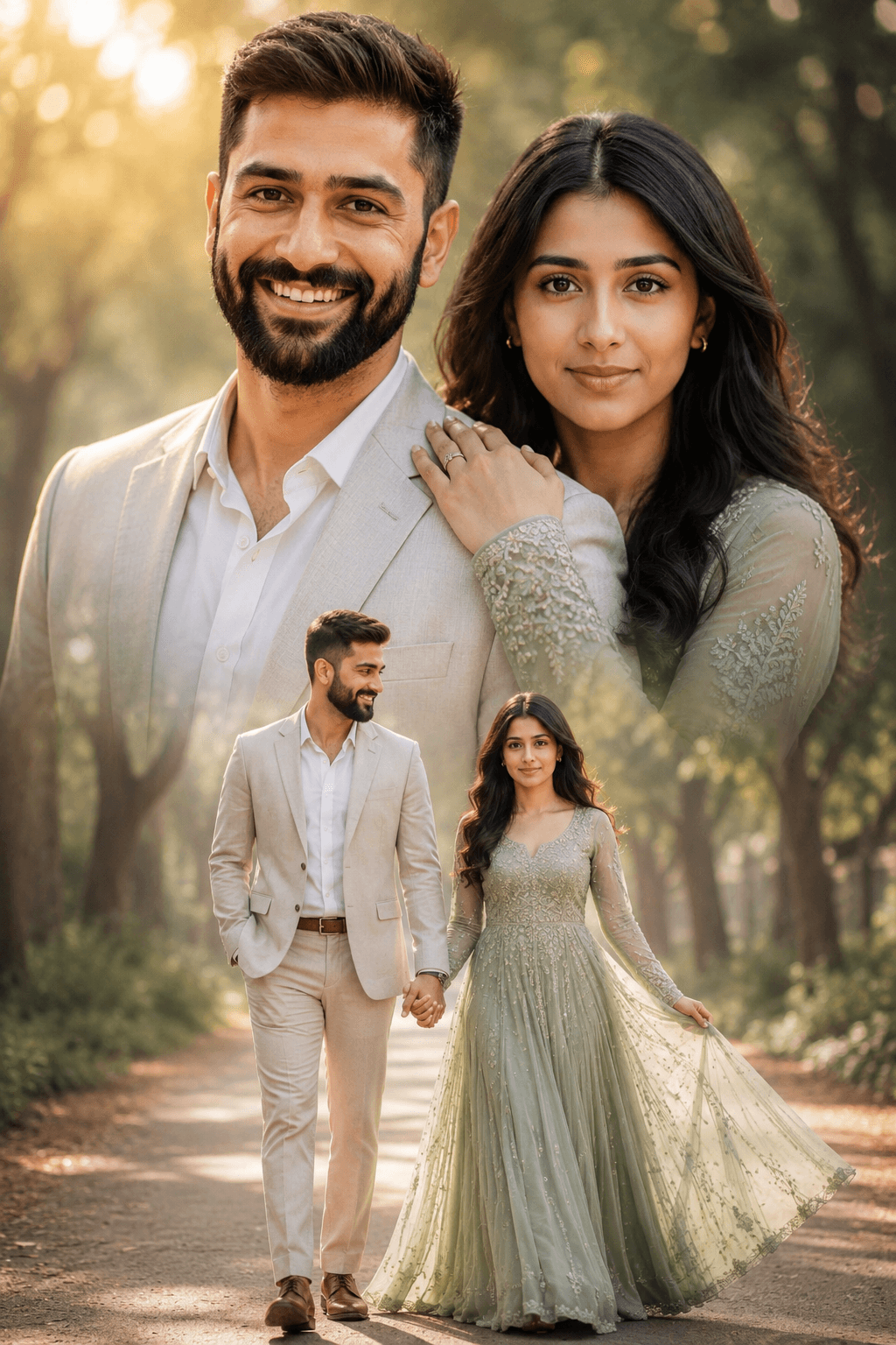 Cinematic Indian Couple Pre-Wedding Shoot AI Prompt - Elegant Sage Green Gown Editorial Collage