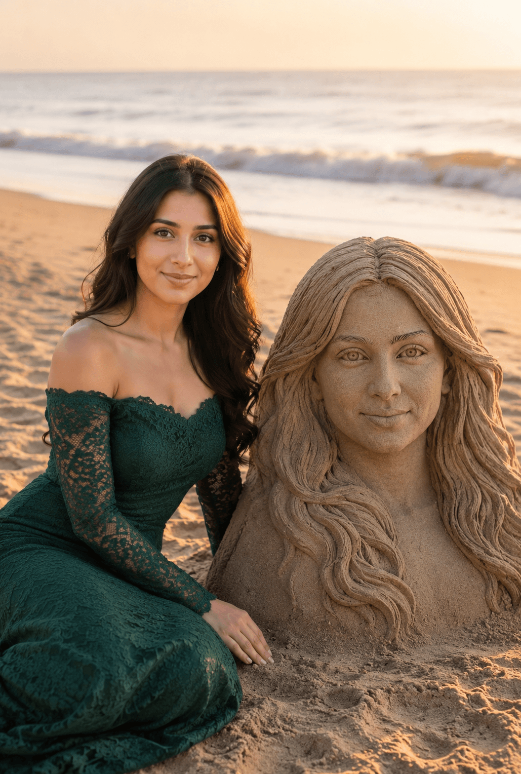 Hyper-Realistic Beach Portrait with 3D Sand Sculpture at Golden Hour