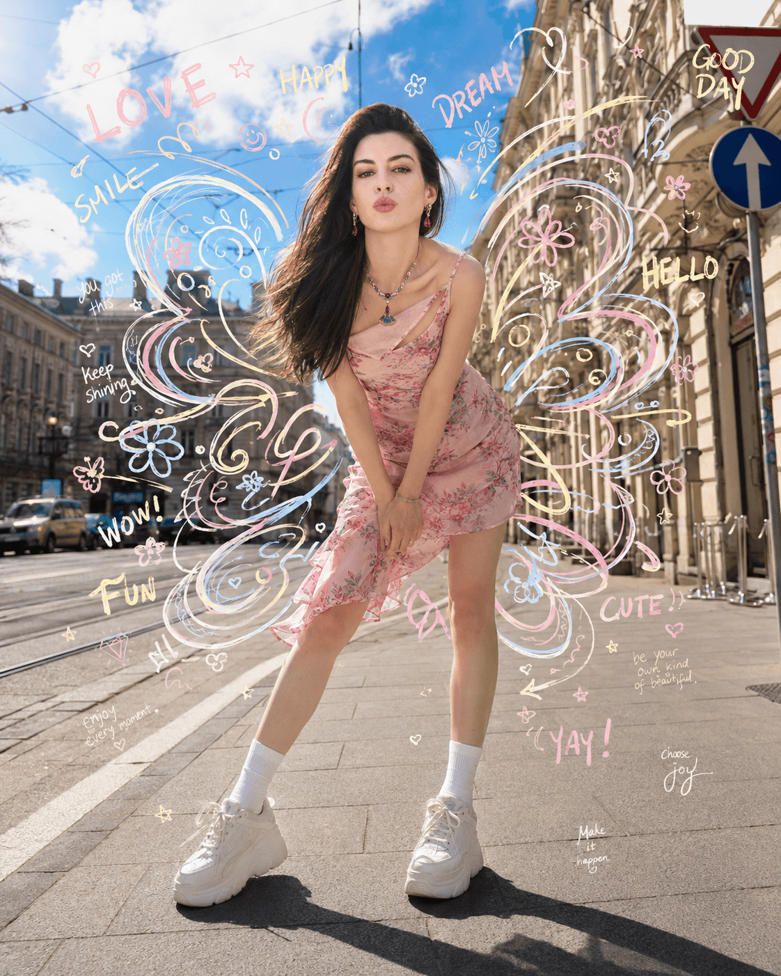 Ultra Realistic Travel Portrait Prompt with Face Reference | Whimsical Butterfly Doodle | European Street | FLUX, Midjourney & SDXL