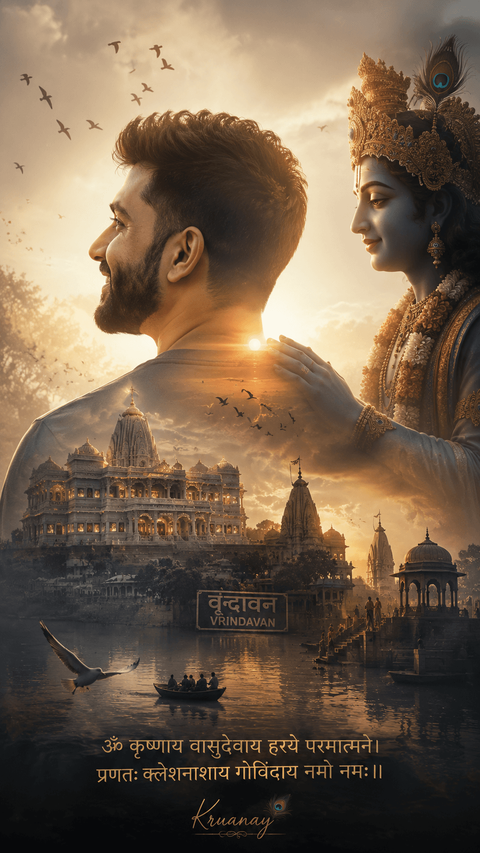 Cinematic Krishna Double Exposure Prompt | Vrindavan Spiritual Travel Poster AI Prompt