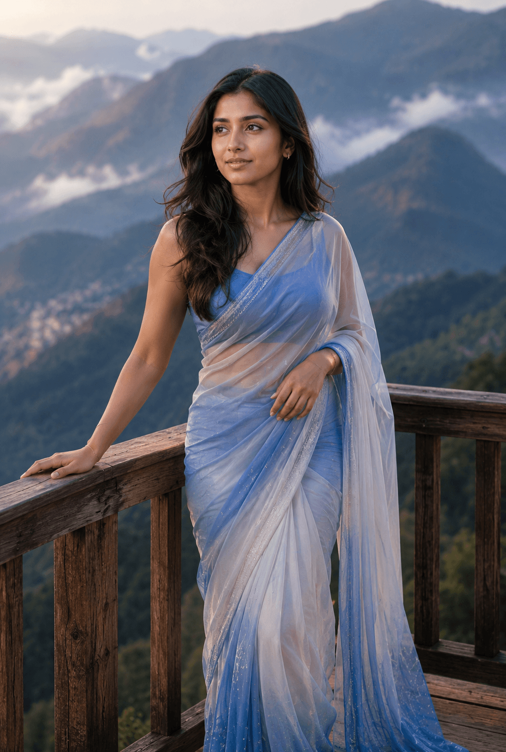 Photorealistic Cinematic Indian Woman Saree Portrait Prompt | Mountain Viewpoint AI Art Prompt