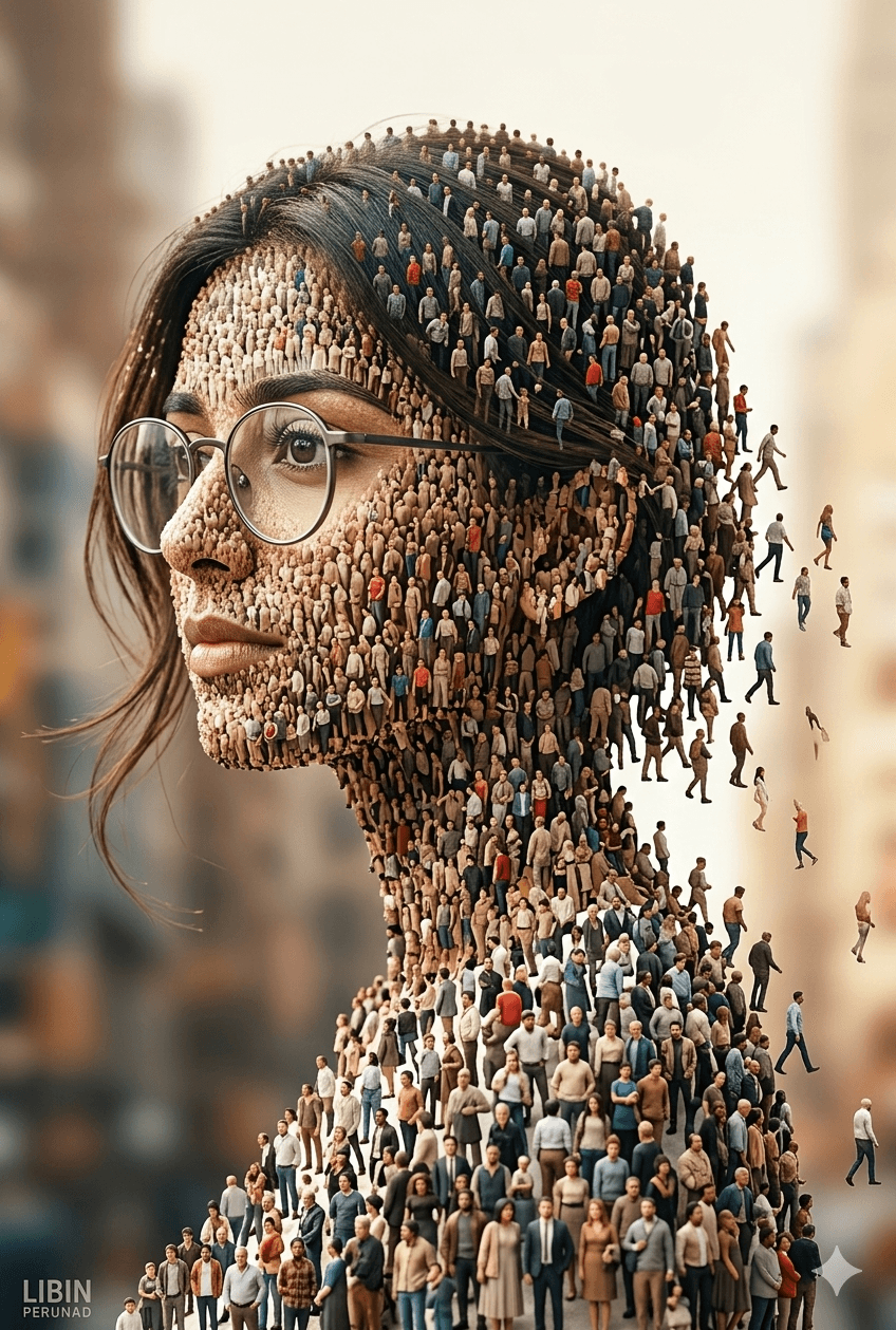 AI Prompt: Side Profile Portrait Created by Miniature People Crowd - Digital Art Generation