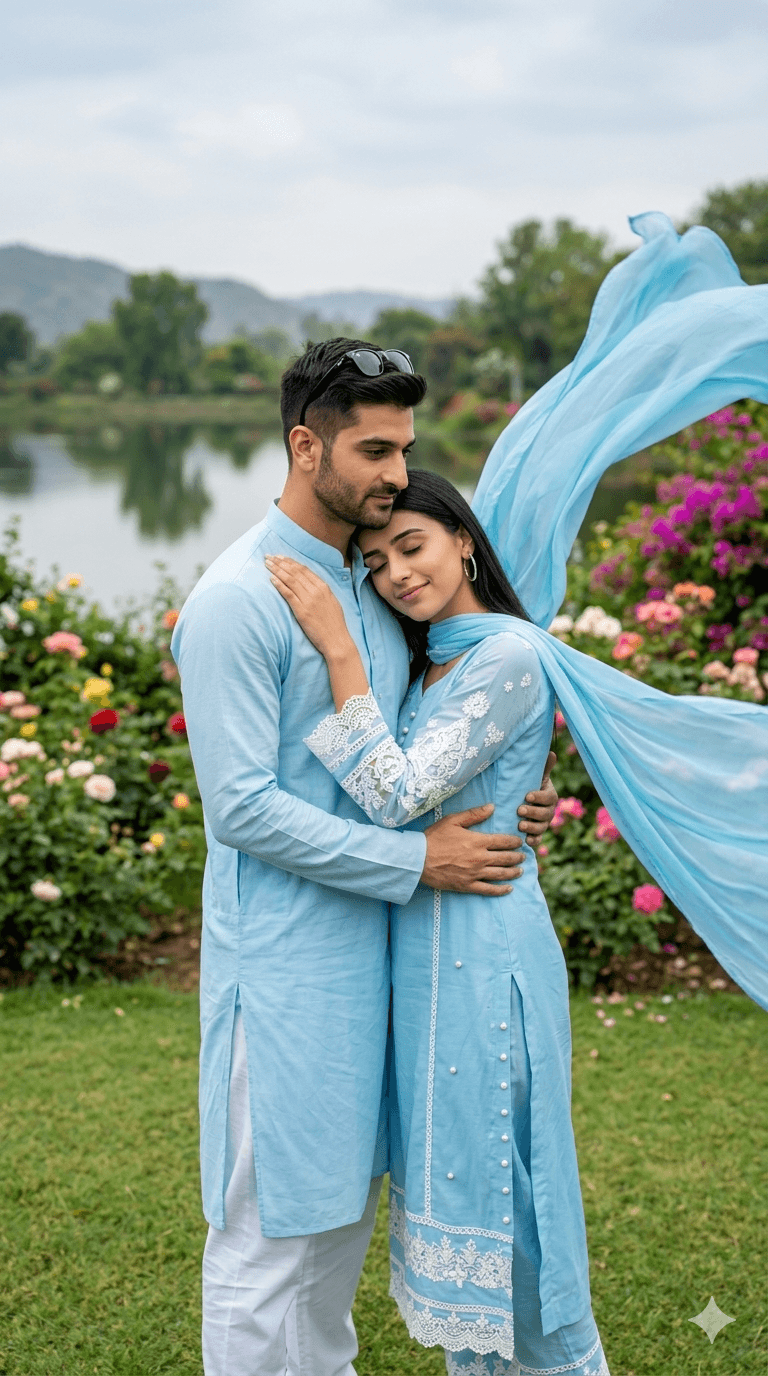 Realistic Indian Couple Portrait, Dreamy Garden Backdrop