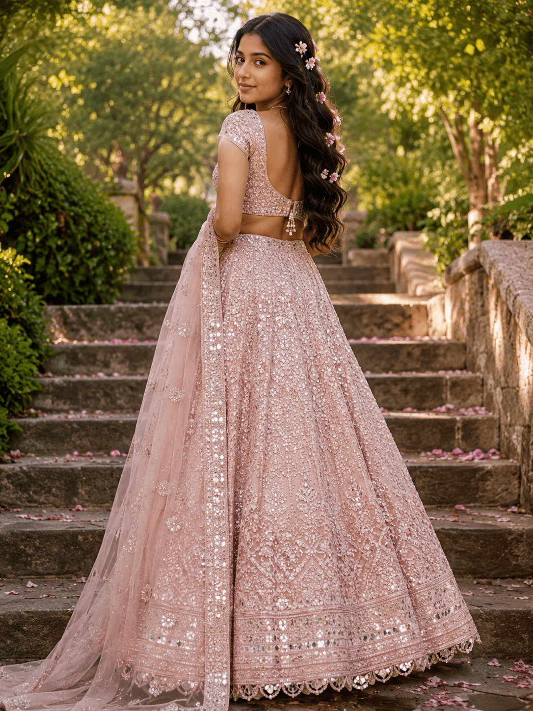 Exact Same Indian Woman Bridal Lehenga Prompt | Cinematic Back Pose AI Photo Prompt for Midjourney & DALL·E