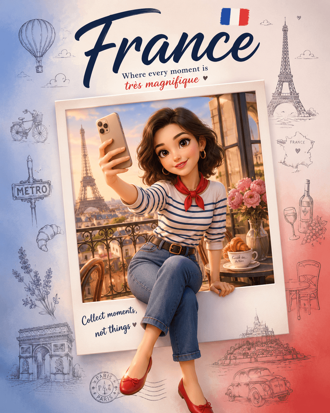 France Travel Poster Prompt | Cute 3D Pixar-Style Collectible Travel Souvenir Illustration Generator