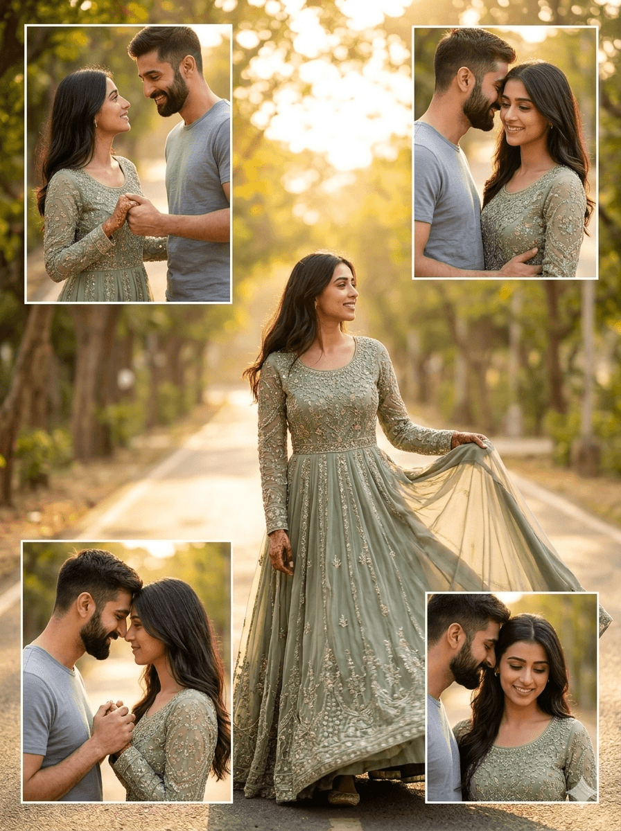 Romantic Indian Pre-Wedding Couple Poster Collage Prompt | Luxury Editorial Wedding Photography AI Prompt | Midjourney Stable Diffusion