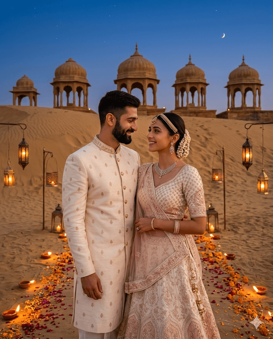 Rajasthan Desert Wedding AI Image Prompt | Romantic Twilight Thar Desert Couple Portrait | 4:5 Intimate Bridal Photography Style