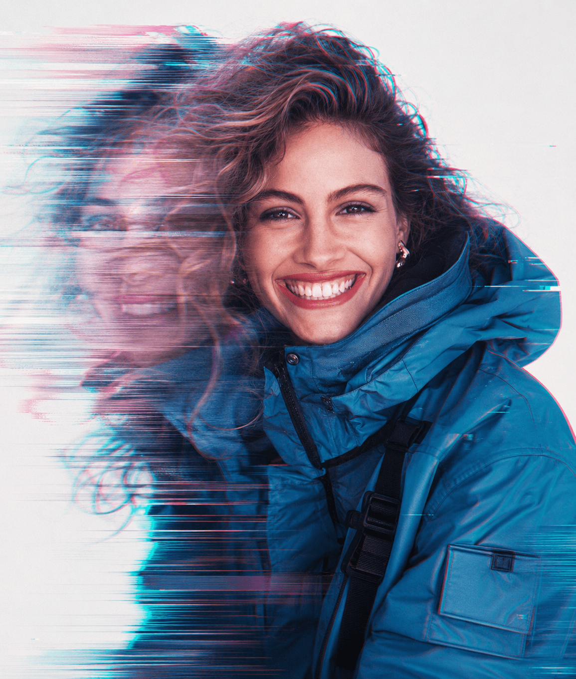 Double Exposure Glitch Portrait Prompt | Cinematic Editorial Photo with Face Reference, Neon Blue Utility Jacket & Digital Distortion — AI prompt result