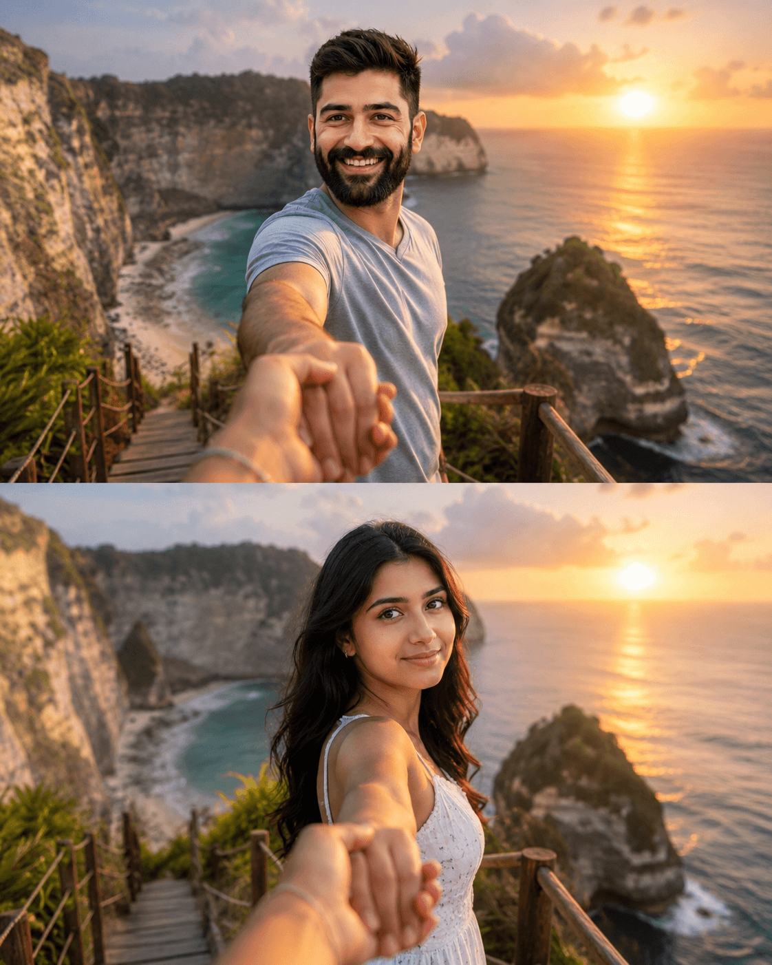 Follow Me Bali Couple Travel Prompt | Ultra-Realistic Romantic Beach Sunset Diptych AI Photo