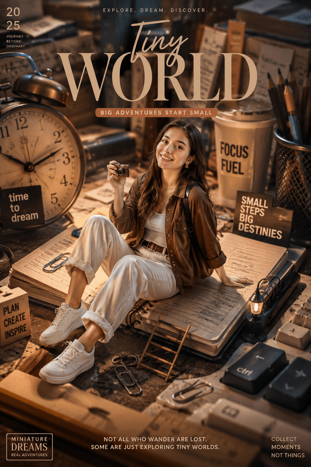 Miniature World Style AI Poster Prompt | Cinematic Tiny Explorer Editorial Portrait | Ultra Realistic 8K