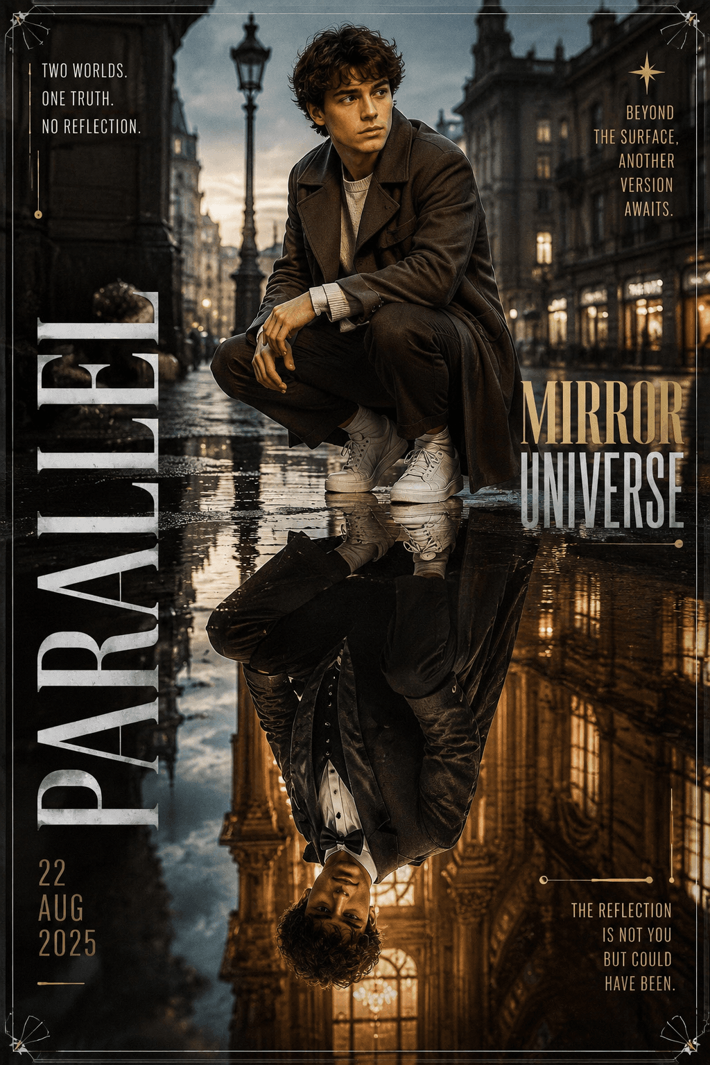 Mirror Universe Cinematic Poster AI Prompt | Luxury Reflection Effect | 8K Hyper Realistic Editorial Character Art for Midjourney, ChatGPT & Flux