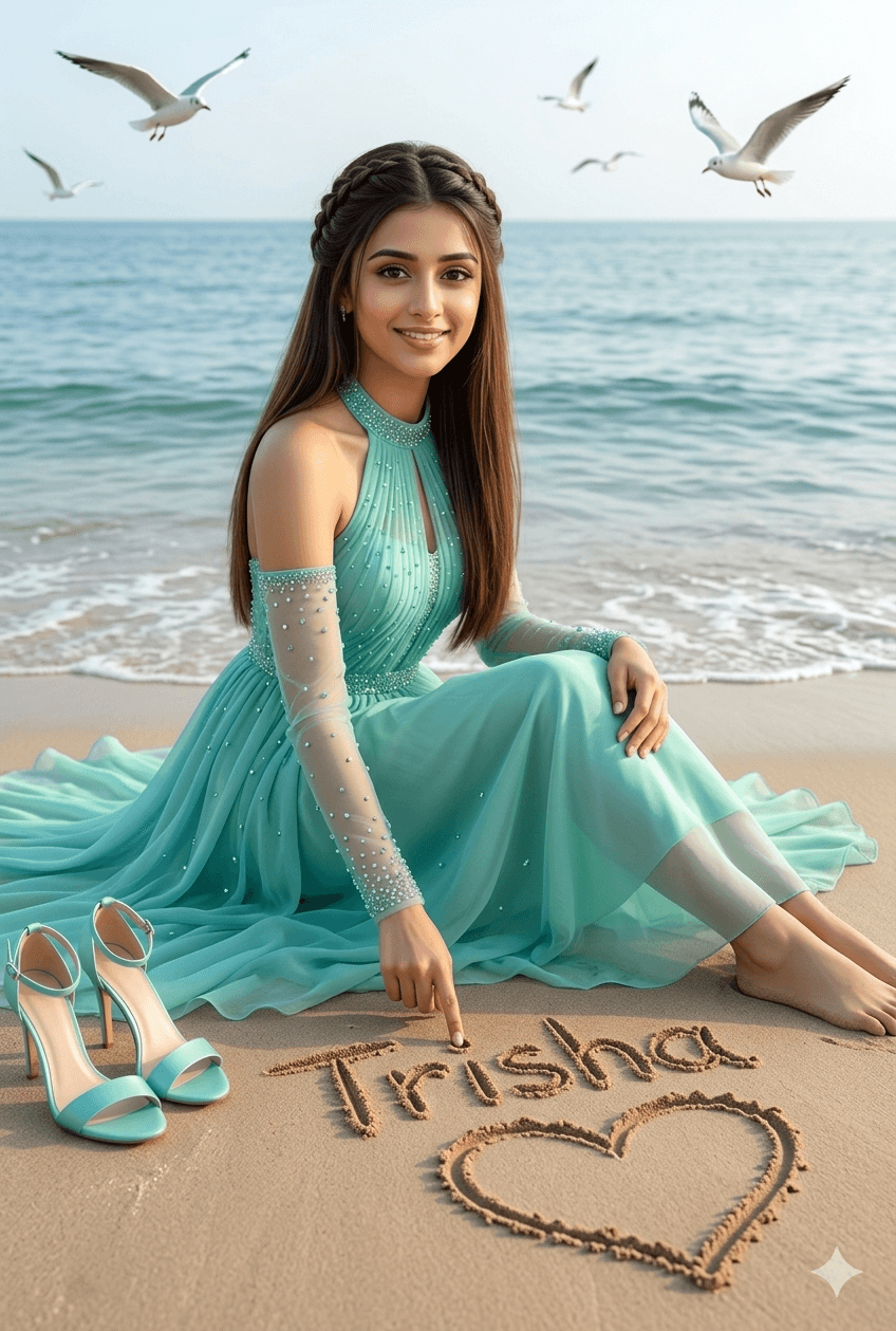 Custom Beach Portrait Prompt - Elegant Aqua Gown & Sand Text Art "Trisha"