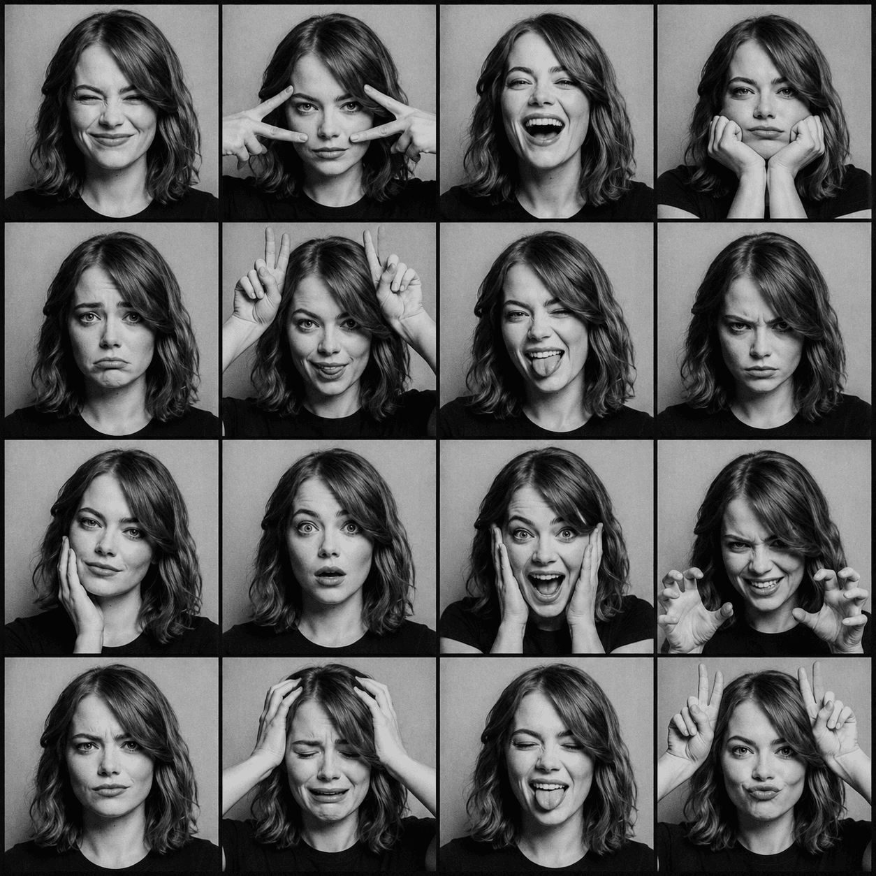 Black & White Photobooth Expression Grid AI Prompt | 4x4 preview 2