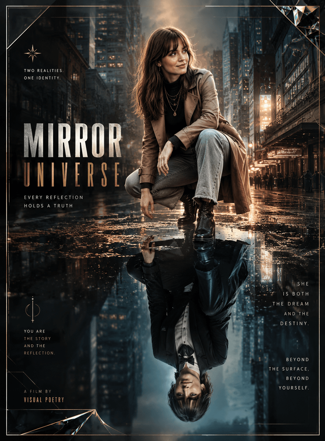 Mirror Universe Cinematic Poster AI Prompt | 8K Photorealistic Reflection Effect | Luxury Fashion Editorial | Midjourney, ChatGPT & AI Image Generator