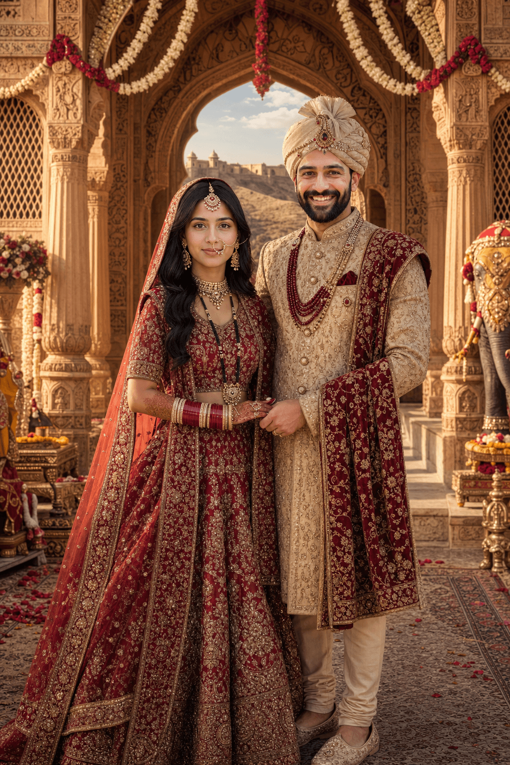 Royal Rajasthani Wedding Portrait at Fort Gateway | Regal Bride & Groom in Traditional Attire