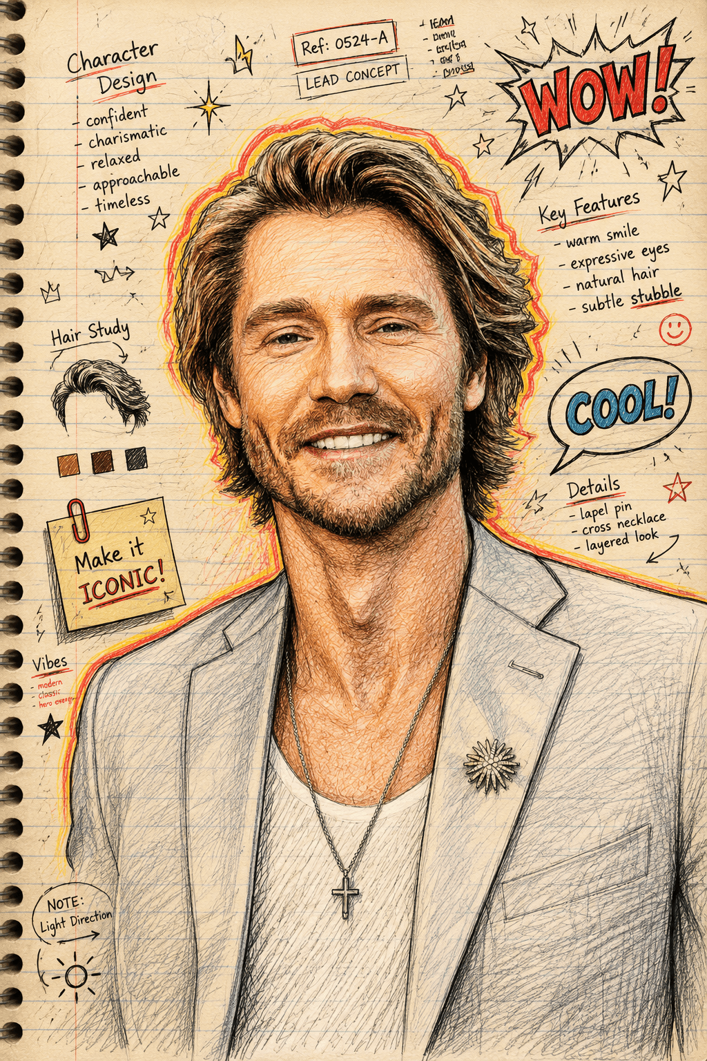Hand-Drawn Sketchbook Portrait Prompt | Colored Pencil & Ink Illustration on Lined Notebook Paper | AI Image Generation Prompt