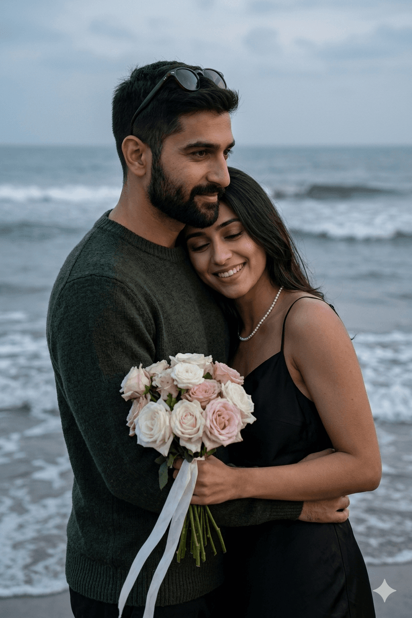 Romantic Beach Couple Portrait – Cinematic Love Photo with Roses at Sunset