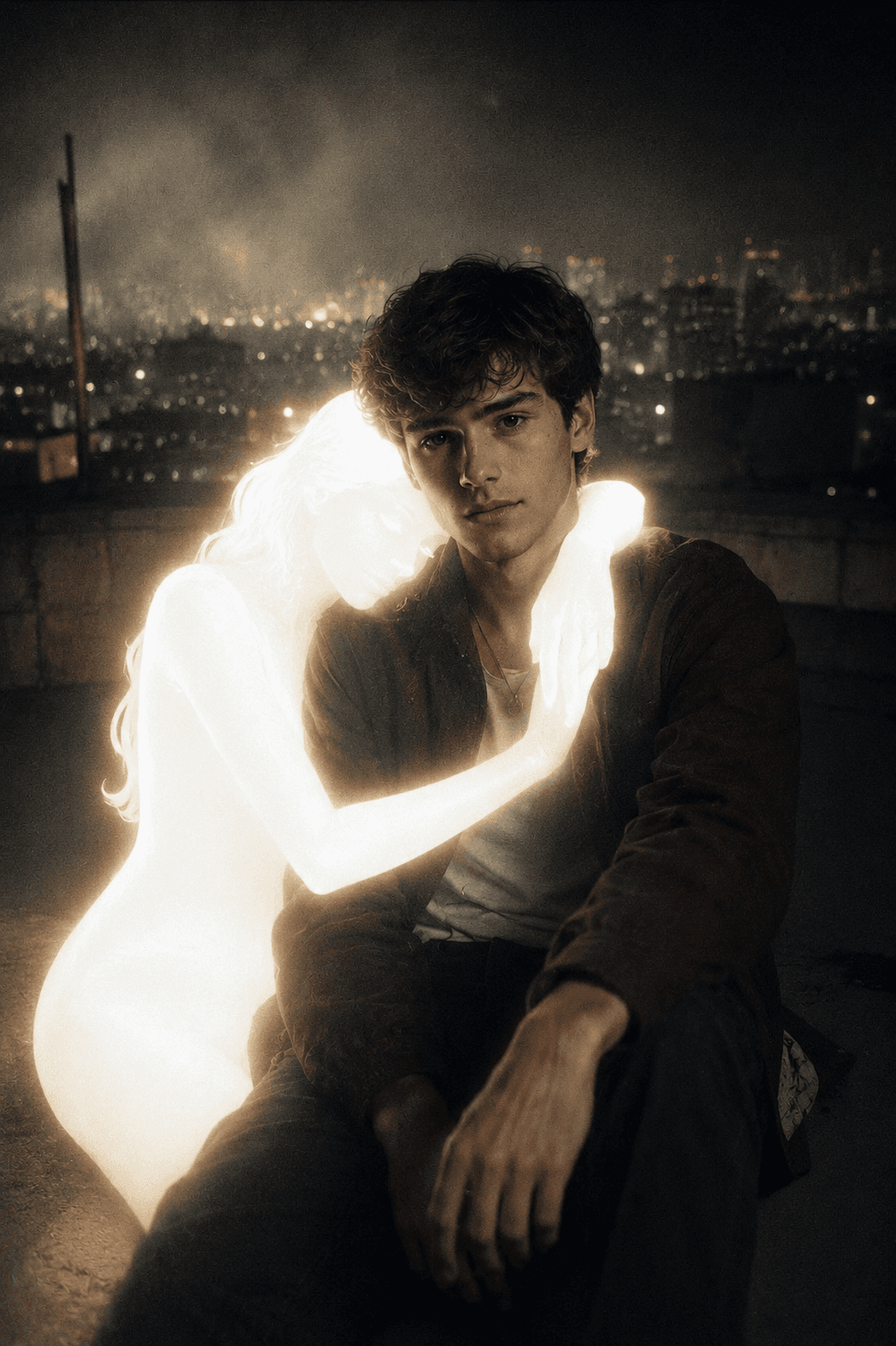 Cinematic Dreamy Rooftop Portrait Prompt with Glowing Ghost Girl | AI Photo Prompt for Moody Indie Night Visuals