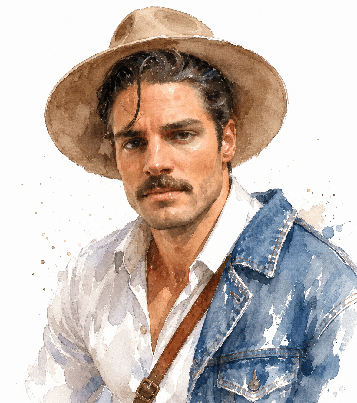 Watercolor Portrait Prompt | Fashion Illustration with Denim Jacket, Hat & White Background