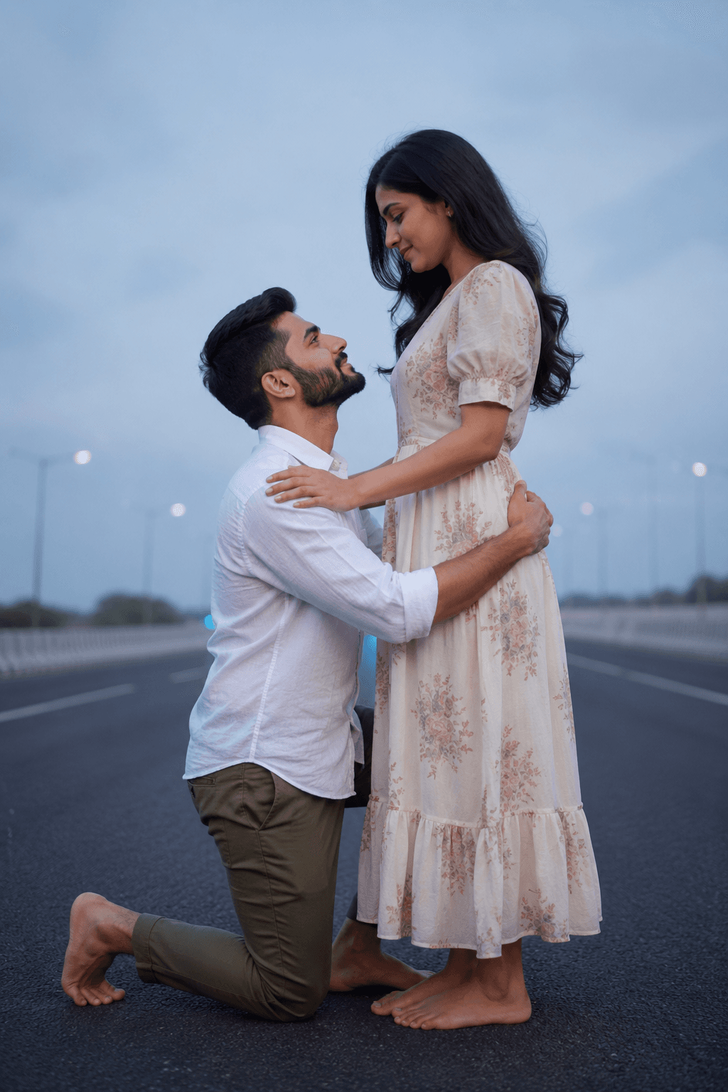 Hyperrealistic Indian Couple Proposal Portrait on Highway at Blue Hour | Romantic Outdoor Photography