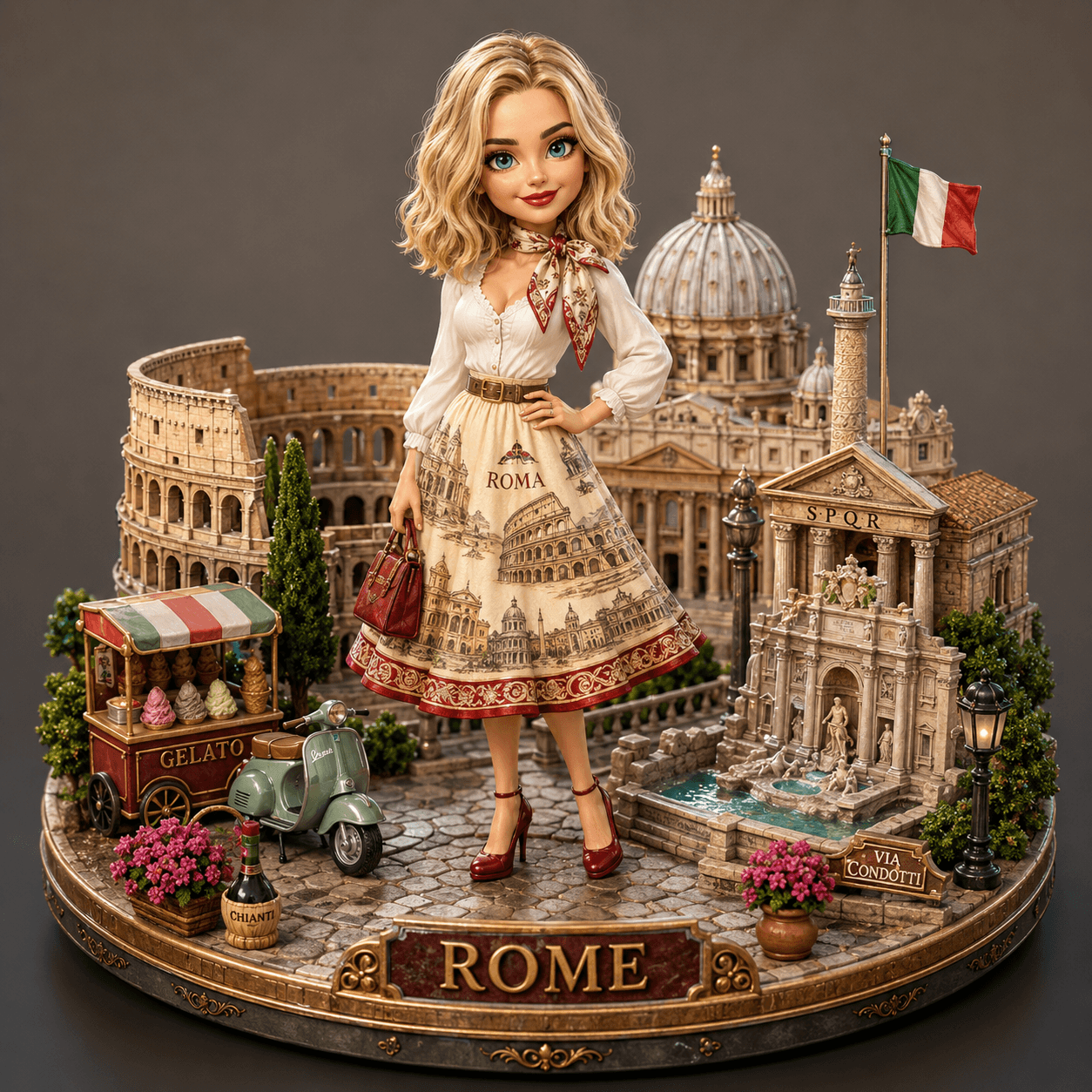 Pixar Style Travel Diorama Prompt from Photo | Custom Rome Collectible Figurine AI Prompt | 3D Character Souvenir Doll Generator