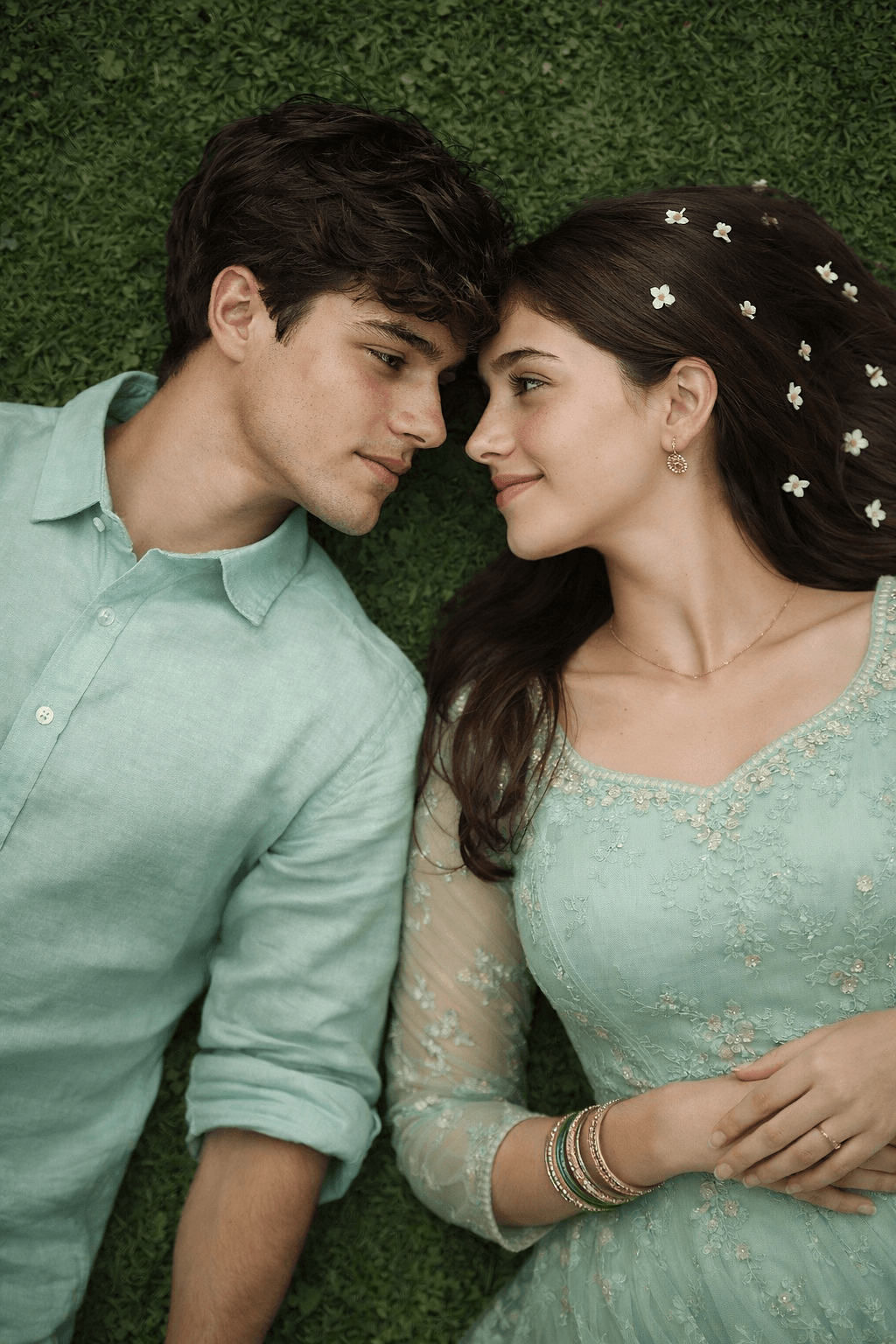 Ultra Realistic Romantic Couple Photo Prompt (8K DSLR, Bollywood Style, Mint Green Aesthetic)