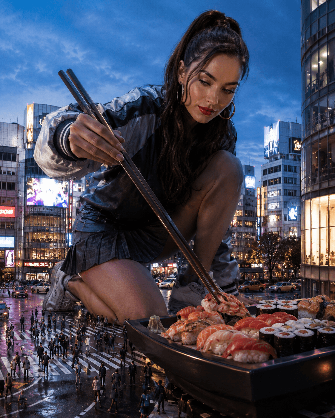 Ultra Realistic Giant Woman in Shibuya Crossing Eating Giant Sushi – Tokyo Kaiju Streetwear Photorealistic Prompt