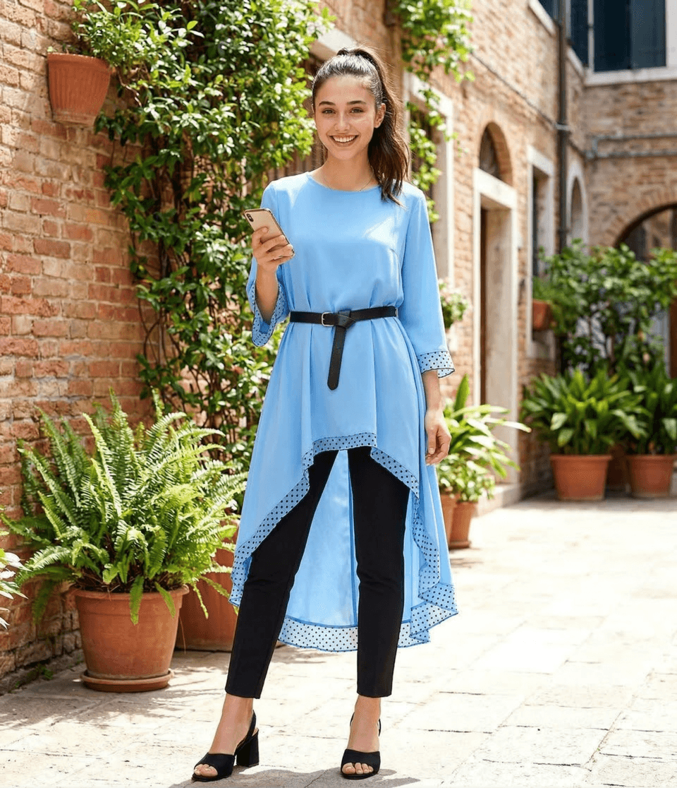 Modern Summer Fashion AI Art: Blue Polka Dot Tunic, Black Trousers, and Block Heels