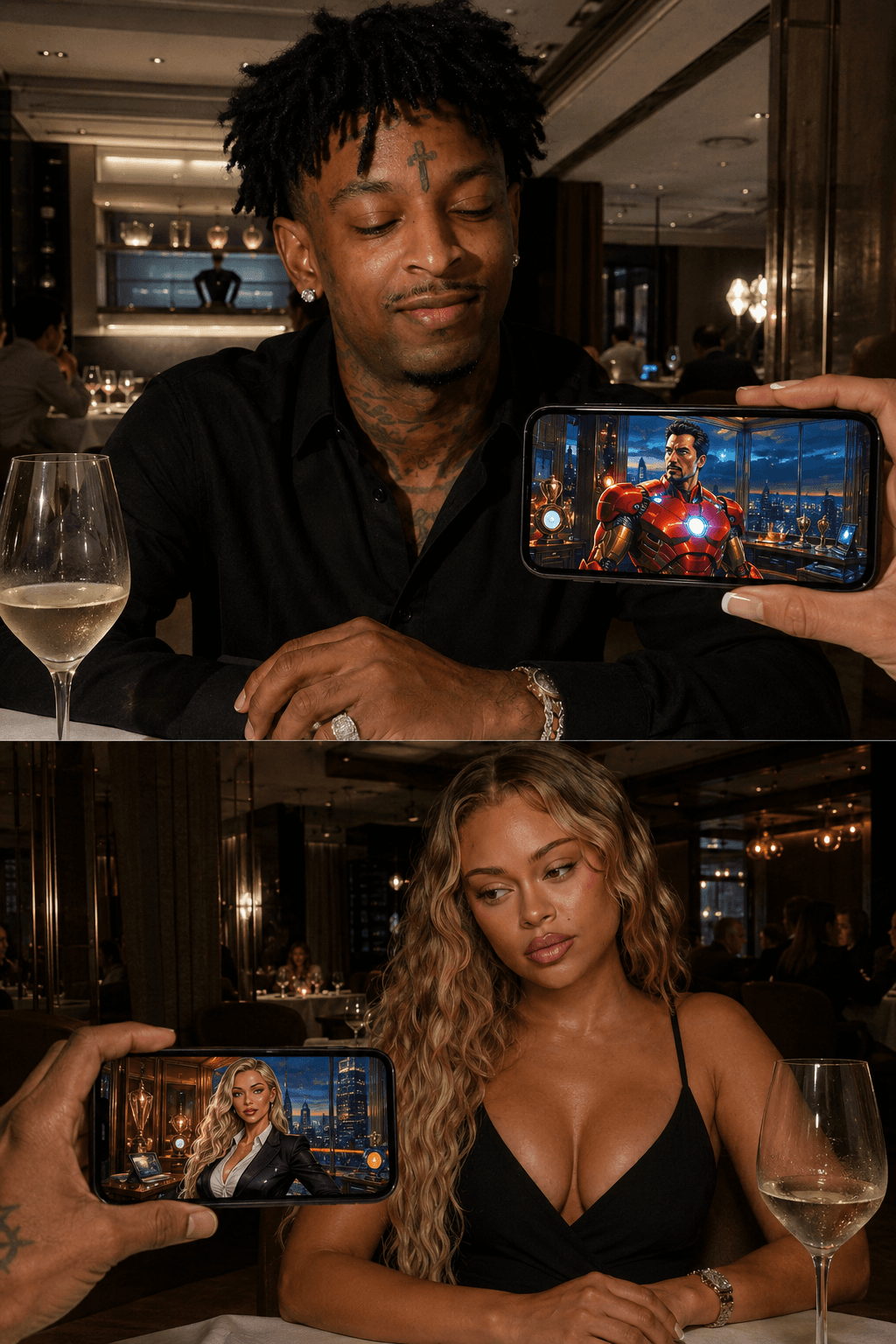 Ultra Realistic Luxury Restaurant Couple Collage Prompt | Celebrity Reference iPhone Photography AI Prompt