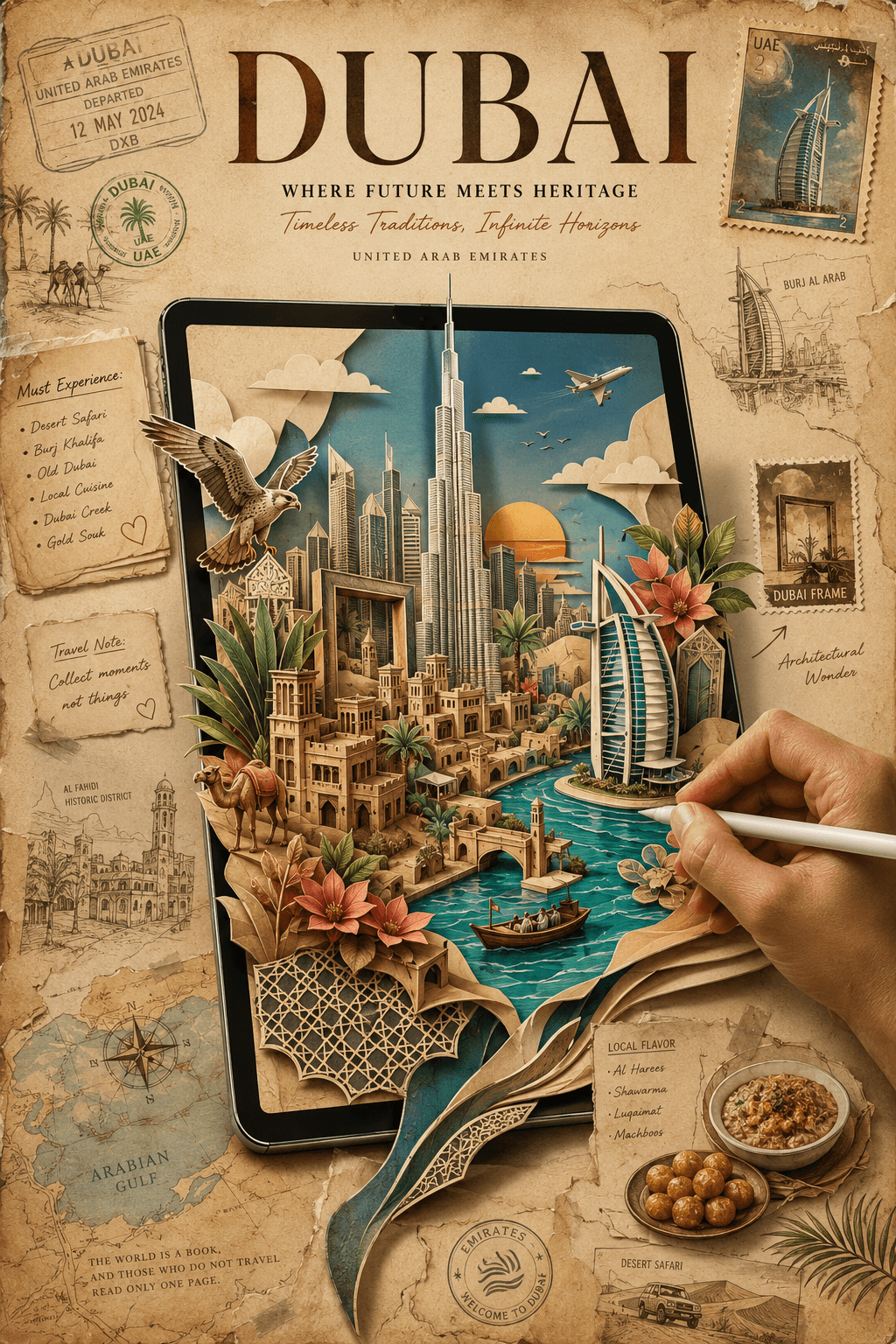 Premium Vintage Travel Poster AI Prompt | 3D Papercraft preview 3