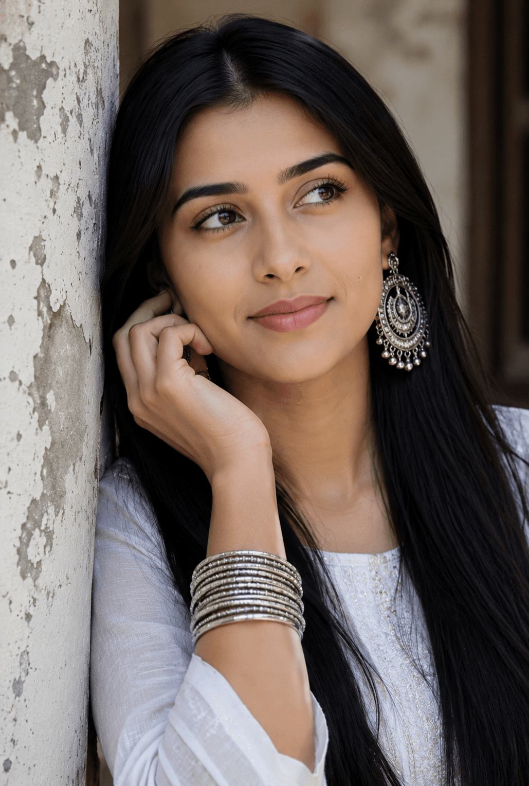 Elegant Cinematic Indian Woman Portrait Prompt | Oxidized Jewelry & Moody Editorial Photography