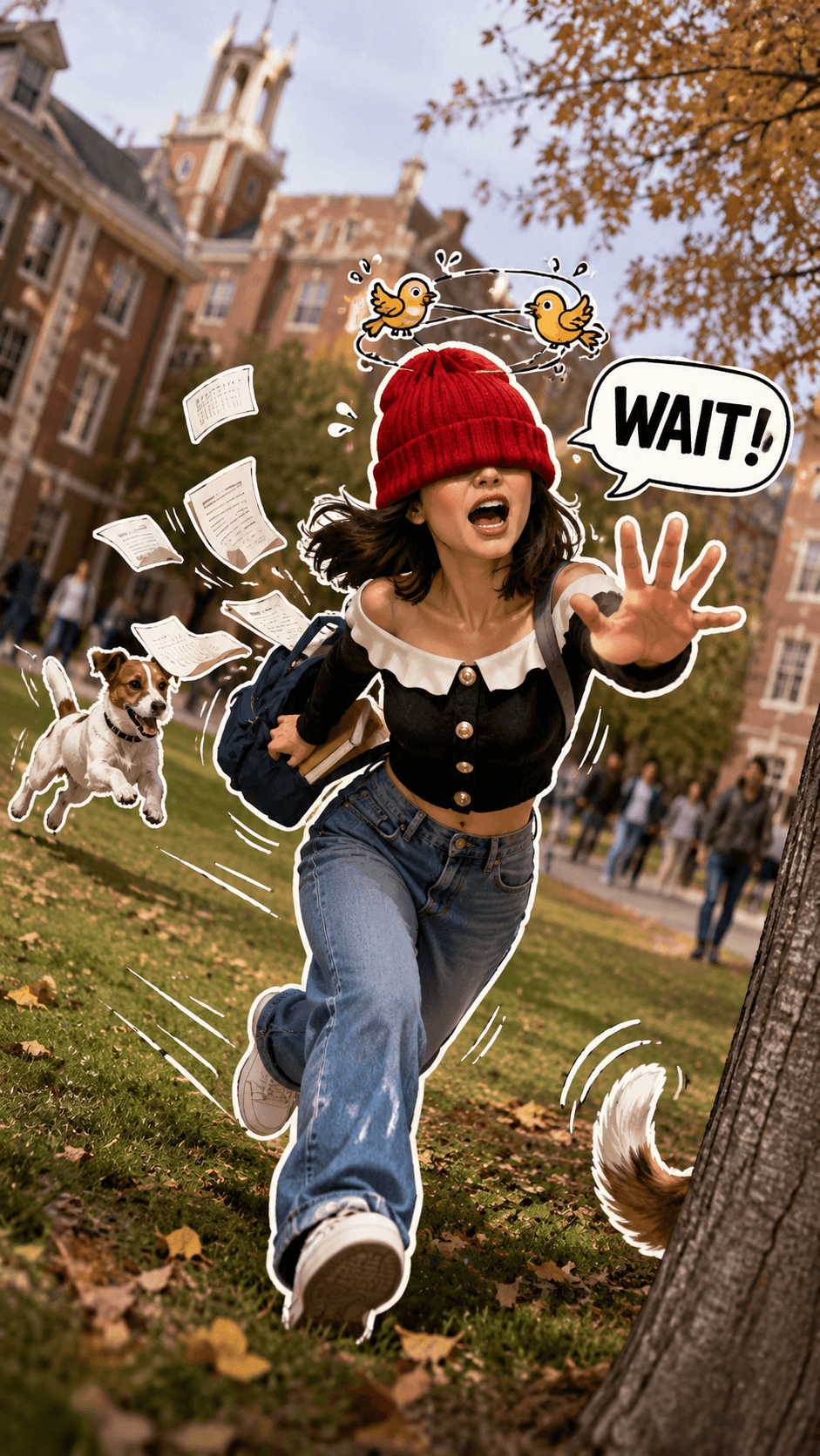 Funny 3D Sticker Photo Manipulation Prompt | Cinematic Campus Chaos AI Image Prompt | Autumn University Scene