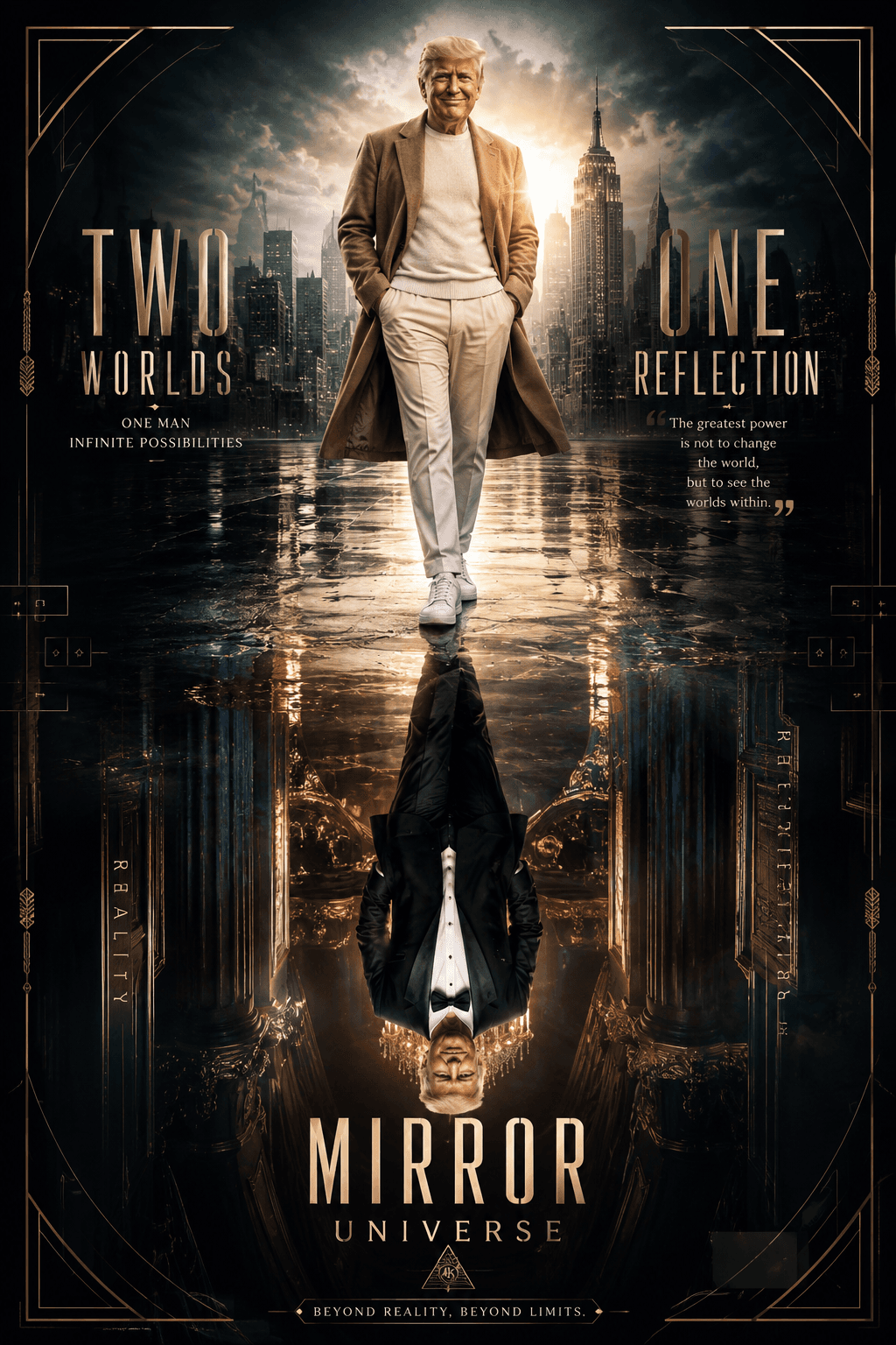 Symmetrical Mirror Universe Cinematic Poster Prompt | 8K AI Photo Manipulation | Luxury Editorial Reflection Effect | Midjourney, ChatGPT & DALL·E
