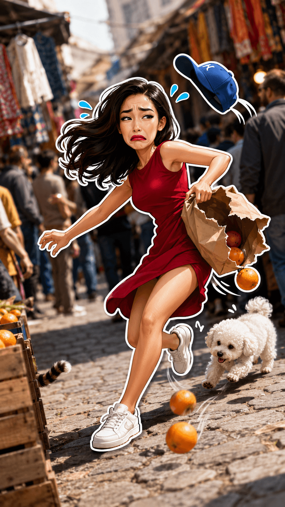 3D Sticker Photo Composite Prompt | Funny Market Scene | AI Image Generation Prompt | Dutch Angle | Cinematic Character Sticker