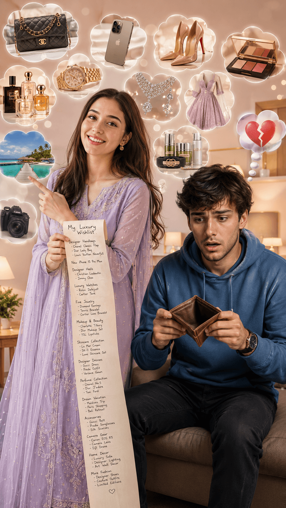 Ultra Realistic South Asian Couple Luxury Wishlist Scene AI Image Prompt | Financial Stress vs Shopping Dreams | 8K Photorealistic Lifestyle